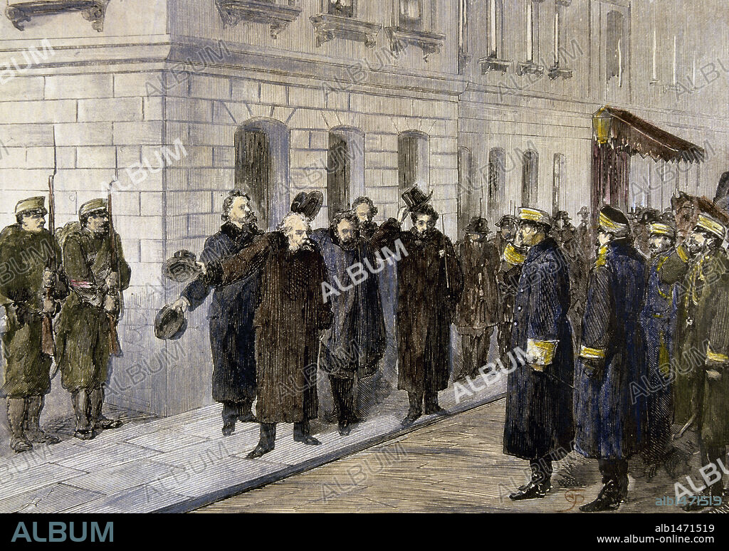GOLPE DE ESTADO DE PAVIA (3 de enero de 1874). El militar español Manuel PAVIA Y RODRIGUEZ DE ALBURQUERQUE (1827-1895), entró en el Congreso al conocer la derrota del presidente Castelar, disolviendo la Asamblea y acabando con la I República. "SALIDA DEL CONGRESO DEL CUERPO DIPLOMATICO". Grabado coloreado de "La Ilustración Española y Americana".