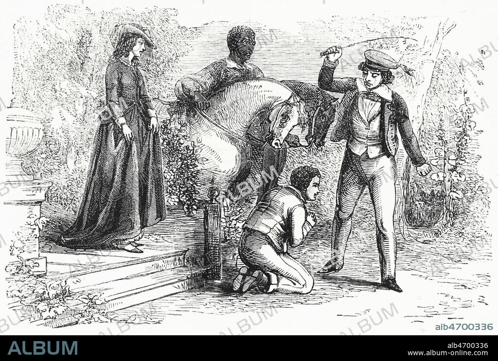 La Case de l'Oncle TOM: Le jeune maitre frappe un esclave. Gravures sur bois dans le texte d'après George Cruikshank in La case de l'oncle Tom ou Tableaux de l'esclavage dans les Etats-Unis d'Amérique La case de l'oncle Tom ou Tableaux de l'esclavage dans les Etats-Unis d'Amérique , Bureaux du Magasin Pittoresque , 1853. Credit Collection Kharbine Tapabor.