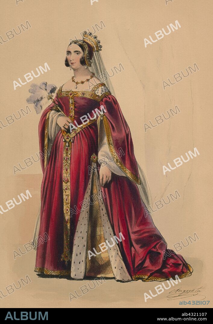 JOHN RICHARD COKE SMYTH. Guest in costume for Queen Victoria's Bal Costumé, May 12 1842, (1843). Guest, possibly Princess Augusta of Saxe-Weimar-Eisenach (1811-1890), wearing a crown, a jewelled and fur-trimmed dress, and holding an ostrich-feather fan. Members of the Royal Household were expected to wear dress of the Plantagenet period (c1154-1485), although other guests could wear costumes of their own choosing. The costumes were designed under the supervision of James Robinson Planché and were specifically intended to give work to the declining Spitalfields silk industry. The ball of 1842, held at Buckingham Palace in London, was the first of three costume balls held by Queen Victoria and Albert, Prince Consort. The second, on 6 June 1845, was in early Georgian dress, while the third, on 13 June 1851, was in the style of the Restoration. From "Souvenir of the Bal Costumé, given by H.M. Queen Victoria at Buckingham Palace, May 12, 1842 / drawings from the original dresses by Coke Smyth; letterpress by J.R. Planche", 1843. [Paul & Dominic Colnaghi & Co, London, 1843].