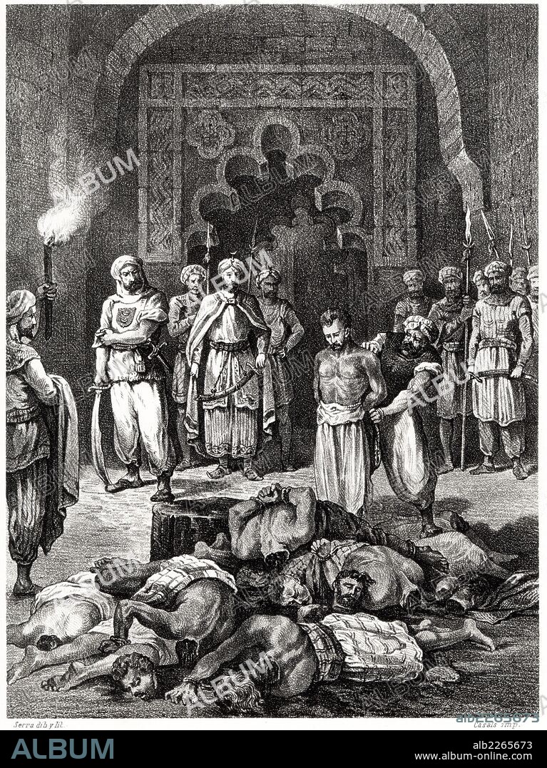 Historia de España. Hecatombre de Toledo. El muladí Amru, nuevo gobernador nombrado por el emir árabe Alhakén I, ejecutó 300 nobles para anular la autonomía de la ciudad, bajo el pretexto de haber conspirado contra él, en el año 797. Grabado de 1872.