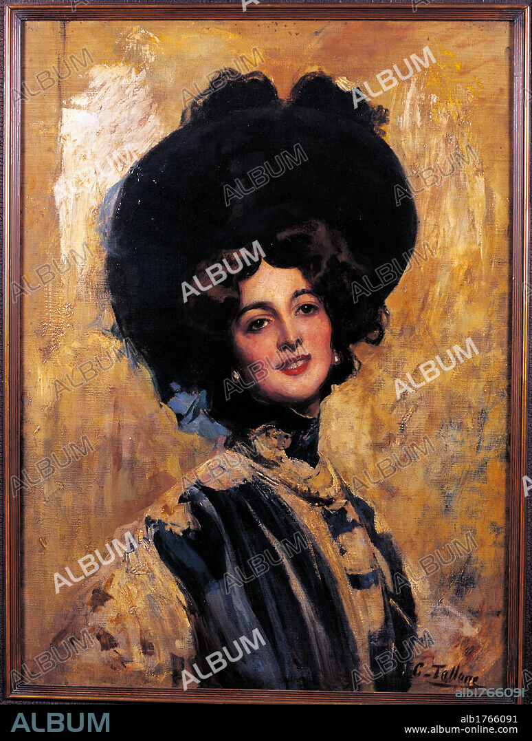 Portrait of Lina Cavalieri, by Cesare Tallone, 1905 about, 20th Century, oil on canvas, cm 70 x 95. Italy, Lombardy, Milan, Sesto San Giovanni, Davide Campari Milano S.p.a. collection. All. Young woman black hat face bust smile.  Please remember that author's rights have to be cleared for modern and contemporary works of arts.