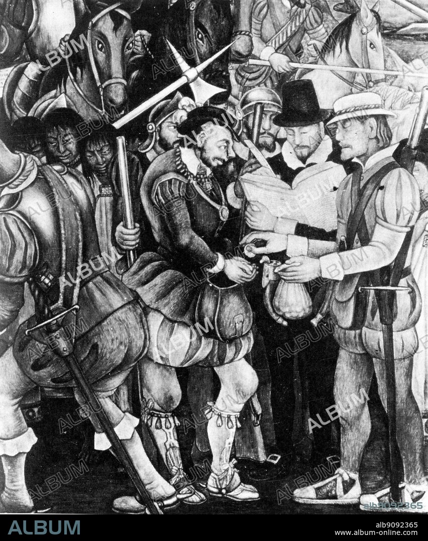 Hernan Cortes, possibly collecting taxes, by 20th century Mexican artist Diego Rivera.