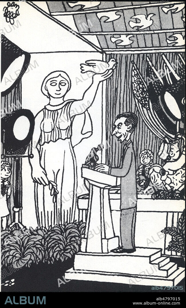 Jean EFFEL (1908-1982) au micro pendant le Second Congres mondial de la Paix de Varsovie. Caricature de Jean EFFEL pour Les Lettres francaises du 23 novembre 1950 et reprise en 1955 dans Toujours occupes. ADAGP. Credit : Collection Jonas/Kharbine-Tapabor.