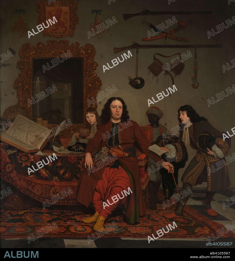 MICHIEL VAN MUSSCHER. Thomas Hees with his Nephews Jan and Andries Hees and a Servant. Portrait of Thomas Hees (b. 1634/35), resident and commissioner of the states general to the governments of Algiers, Tunis and Tripoli, with his nephews Jan (b. 1670/71) and Andries (b. 1662/63) Hees and a servant. Dating: 1687. Measurements: h 76 cm × w 63 cm.