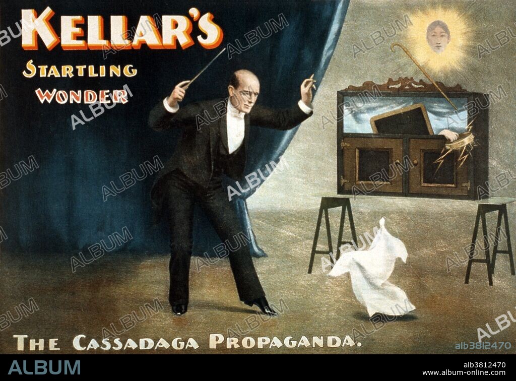 Entitled: "Kellar's startling wonder" lithograph poster created by the Strobridge Lithographing Company, 1900. Harry Kellar (July 11, 1849 - March 10, 1922) was an American magician who presented large stage shows during the late 19th and early 20th centuries. He was often referred to as the "Dean of American Magicians" and performed extensively on five continents. One of his most memorable stage illusions was the levitation of a girl advertised as the "Levitation of Princess Karnack". He married Eva Lydia Medley, a coronet player, in 1887. She played a part in many of his upcoming illusions, but she also provided music for the shows. He retired in 1908, and allowed Howard Thurston to be his successor. Kellar was often visited by other magicians, notably including Harry Houdini. He died in 1922 at the age of 72 from a pulmonary hemorrhage brought on by influenza.