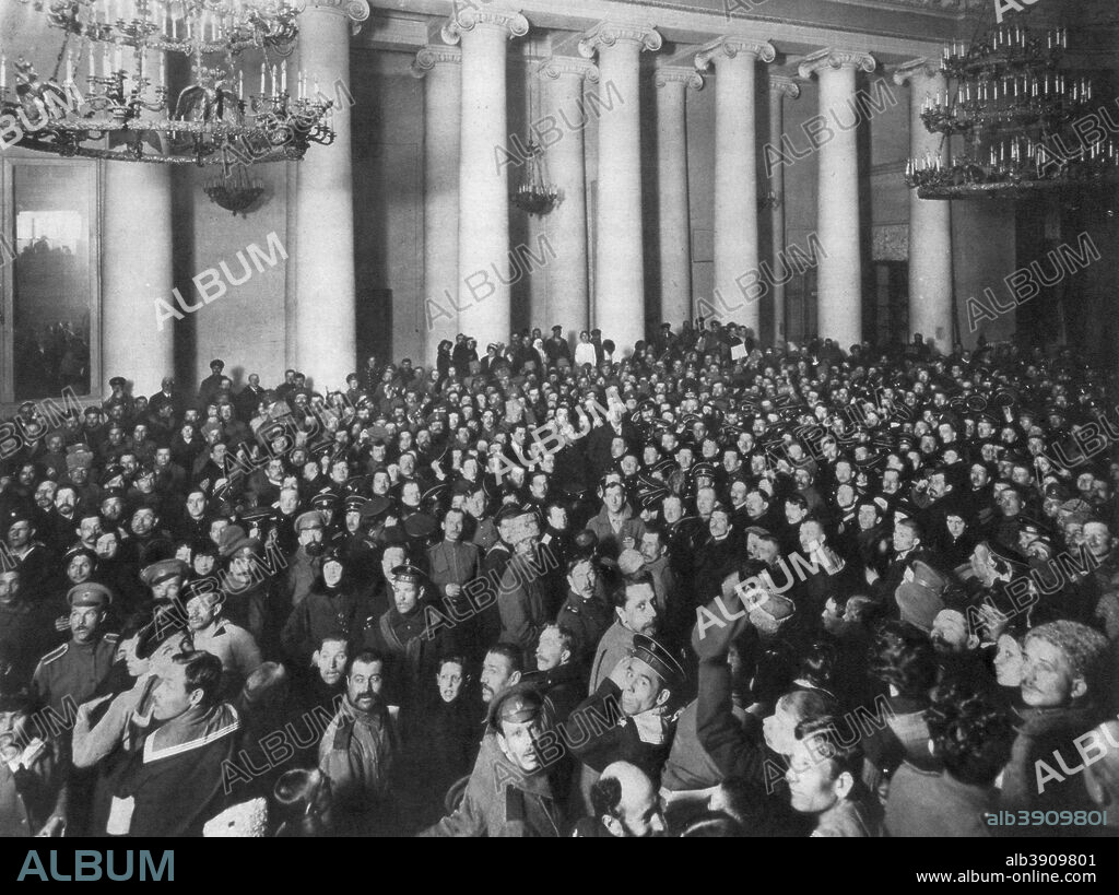 Petrograd Soviet of Workers' and Soldiers' Deputies, Tauride Palace, Russia, 1917. The Petrograd Soviet first met on 27 February 1917 at the beginning of the Rusian Revolution.