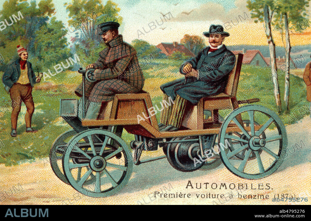 'Automobiles : premiere voiture a benzine (1875)' construite par Siegfried Marcus (1831-1898). Illustration sans date. Credit : Collection KHARBINE-TAPABOR.