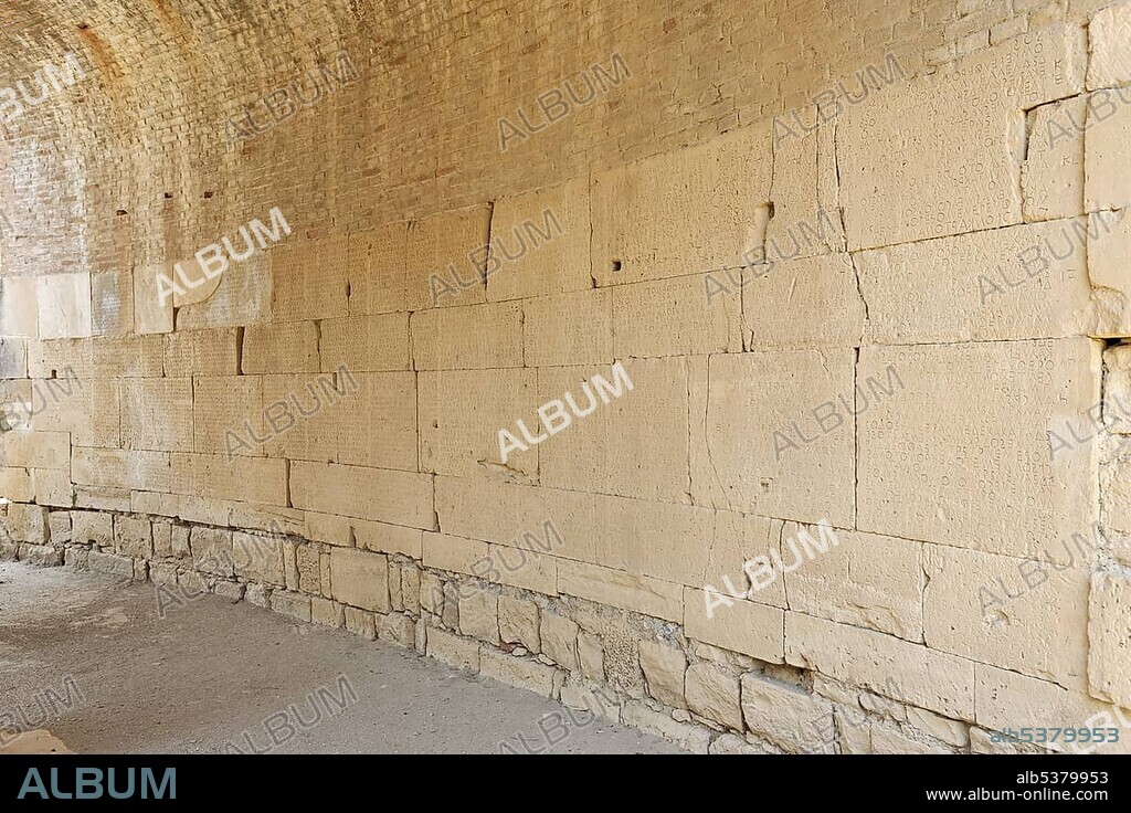 Gortyn Code (codified civil law) inscription dating to the fifth century BC in Gortys, Crete, Greece, Europe