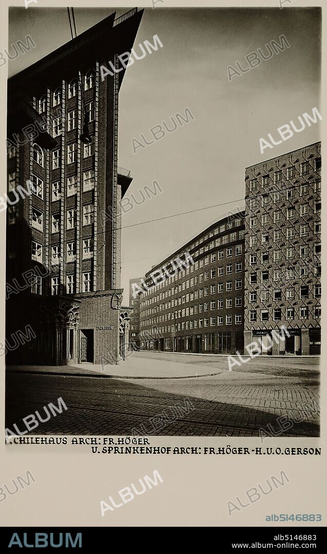 Photographenatelier Gebr. Dransfeld, Carl Dransfeld, Chilehaus, architect Fritz Höger, and Sprinkenhof, architects Fritz Höger, Hans and Oskar Gerson, silver gelatine paper, black and white positive process, image size: height: 10.80 cm; width: 7.80 cm, inscribed: recto below the motif: exposed: 2. CHILEHAUS ARCH: FR: HÖGER, U. SPRINKENHOF ARCH: FR: HÖGER - H. U. O. GERSON, architectural photography, profane architecture, The photo studio Gebr. Dransfeld was founded in 1902 by the trained lithographer Carl Dransfeld and his brother, the painter Adolf Dransfeld, in Berlin and moved to Hamburg in 1904. Building director Fritz Schumacher commissioned the Dransfeld brothers to document the public buildings he had constructed since 1909. This prestigious commission established the Dransfeld brothers as leading architectural photographers in 1920s Hamburg. Among the architects for whom the studio worked were Fritz Höger, Martin Elsaesser, Distel & Grubitz or the Gerson brothers. With their photograph of the Chile House designed by Höger, Carl and Adolf Dransfeld created an icon of architectural photography. By creating a strong view from below and using a wide-angle lens, they reinforced the expressionist character of the building's top, thus contributing significantly to the popularity of modern Hamburg brick architecture. (Sven Schumacher).