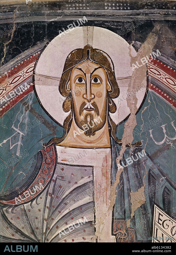 MAESTRO DE TAHULL (SIGLO XII). ROSTRO DE CRISTO - DETALLE DEL MURAL DEL ABSIDE DE SAN CLEMENTE DE TAHULL - SIGLO XII - ROMANICO CATALAN.