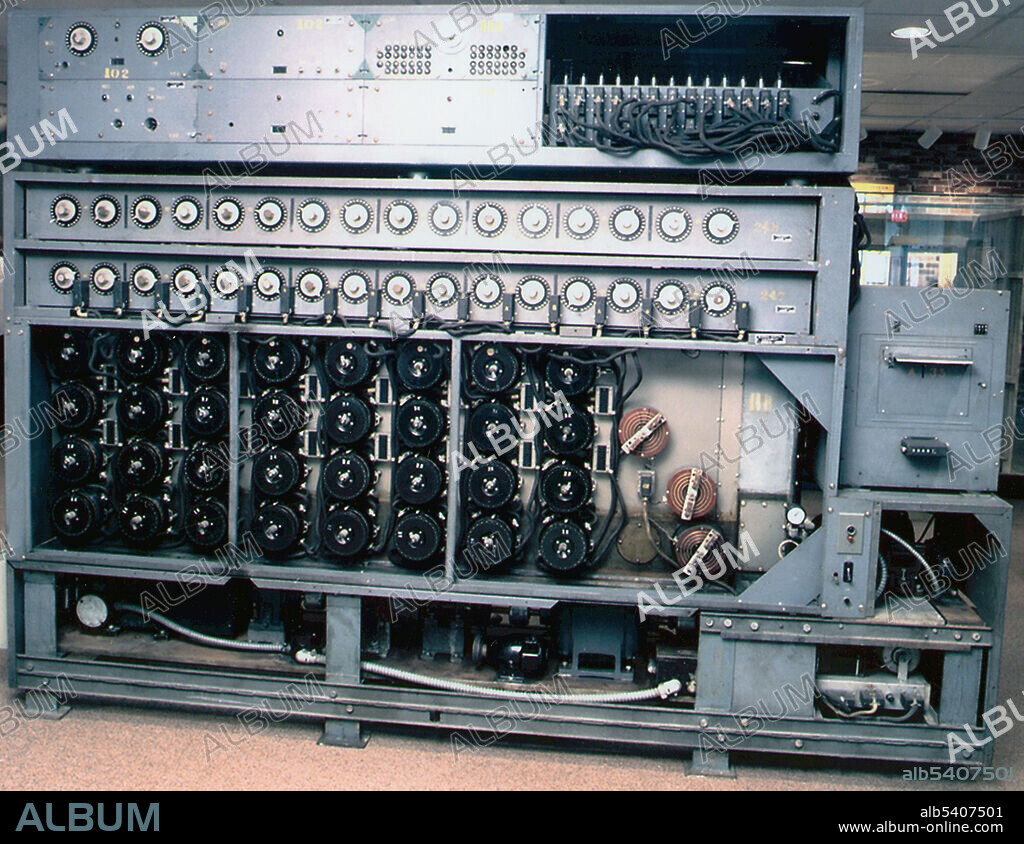 US Navy version of the Turing bombe, used against the German cipher machine Enigma-M4. It contained 16 four-rotor Enigma-equivalents and was much faster than the British bombe. The bombe was an electro-mechanical device used by British cryptologists to help decipher German Enigma-machine-encrypted secret messages during World War II. The initial design of the bombe was produced in 1939 at the UK Government Code and Cypher School (GC&CS) at Bletchley Park by Alan Turing, with an important refinement devised in 1940 by Gordon Welchman. The bombe was designed to discover some of the daily settings of the Enigma machines on the various German military networks: specifically, the set of rotors in use and their positions in the machine; the rotor core start positions for the message—the message key—and one of the wirings of the plugboard.
