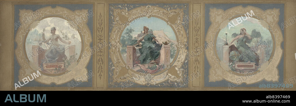 HENRY JEAN LOUIS BOUREAU. Esquisse pour la galerie Lobau de l'Hôtel de Ville de Paris : La Paix. La Littérature. La Science., 1890. Sketch for the Lobau gallery of the Town Hall, Paris. Peace, Literature, Science.