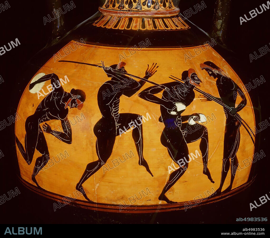 Attic black-figure panathenaeic amphora. Decoration of A. Athena Promachos and B. pentathlon with discus, spear and jump (sports scene). Euphiletos Painter. Attic black-figured panathenaic amphora. A: Panathenaic Athena to the left between two Doric columns, on which cocks. The standard inscription runs along the column for Athena: TON ATHENETHEN ATHLON. B: Scenes from the pentathlon: a discus-thrower, ee, vase, amphora, panathenaic amphora, pottery, black-figured, Attic, 63.3 cm, archaic, black-figured, Attic, Euphiletos 530 BC, Italy, Greece.