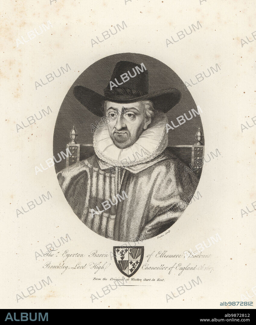 Thomas Egerton, Baron Ellesmere, 1540-1617. English noble, judge and statesman, 1st Viscount Brackley, Lord Keeper and Lord High Chancellor of England. In hat, ruff collar, mantle and doublet, with his coat of arms. Engraved by Thomas Trotter from the original at Wootton Court, Kent. Copperplate engraving from Samuel Woodburns Gallery of Rare Portraits Consisting of Original Plates, George Jones, 102 St Martins Lane, London, 1816.