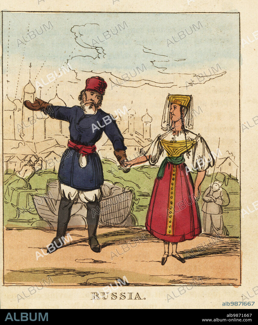 Costumes of Russia, 19th century. Russian man in hat, coat, sash belt, gloves, breeches and boots. Woman in square hat with veil, blouse, bodice, apron and skirts. Handcoloured copperplate engraving from The World in Miniature, or Panorama of the Costumes, Manners & Customs of All Nations, John Bysh, London, 1825.