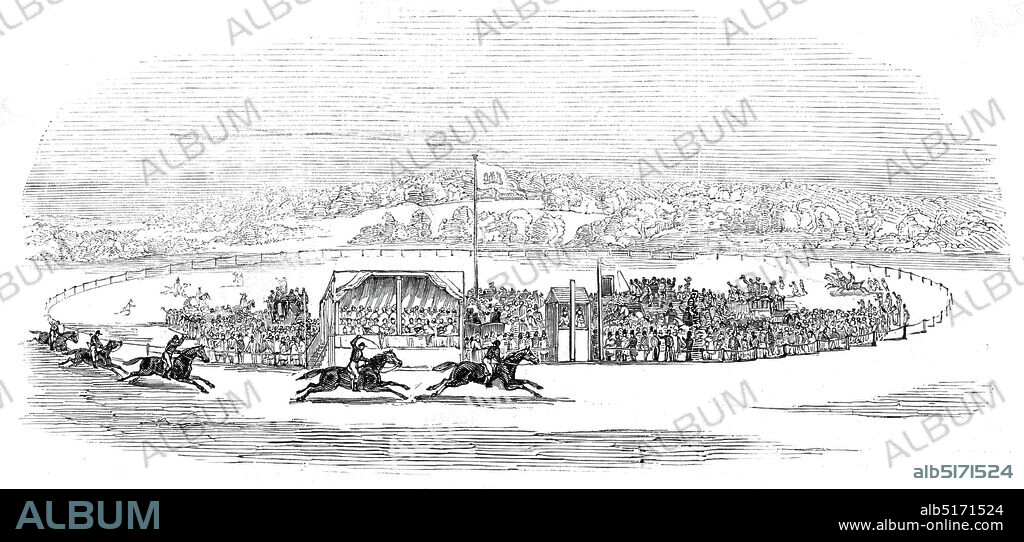 Races at Wheat Croft - Col. Thompson's "Hamlet" winning the Lascelles Cup, 1845. '...Horse-races, in Wheat Croft, a piece of land well adapted for a course, on the south side of the river Wharfe, and very near to Harewood-bridge [at Harewood near Leeds in Yorkshire]...The prizes were all the gift of the Earl of Harewood, and were contended for by his tenants only; except "The Lascelles Cup," which was subscribed for by several of the nobility and gentry of the neighbourhood, who were also the competitors for the prize: it is of the value of about Eighty Guineas. The course staked off for the races was nearly in the form of a circle, and about a mile in circumference; and the rest of the field afforded ample room for the spectators'. From "Illustrated London News", 1845, Vol VII.