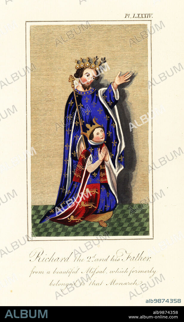King Richard II (1367-1400) and his father, Edward the Black Prince (1330-1376). Both wear crowns and armorial robes with coats of arms of fleurs-de-lys and lions. From a beautiful missal which formerly belonged to Richard II. Handcoloured engraving by Joseph Strutt from his Complete View of the Dress and Habits of the People of England, Henry Bohn, London, 1842.