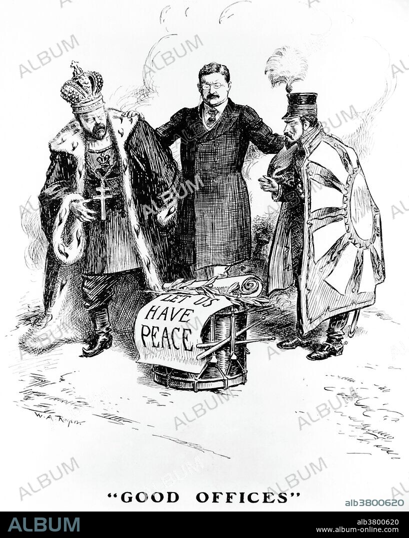 Entitled: "Good Offices," a political cartoon concerning Theodore Roosevelt mediating the Russo-Japanese War. The Russo-Japanese War (1904-05) was fought between the Russian Empire and the Empire of Japan over rival imperial ambitions in Manchuria and Korea. The major theaters of operations were the Liaodong Peninsula and Mukden in Southern Manchuria and the seas around Korea, Japan and the Yellow Sea. Russia suffered multiple defeats by Japan, but Tsar Nicholas II was convinced that Russia would win and chose to remain engaged in the war. The war concluded with the Treaty of Portsmouth, mediated by US President Theodore Roosevelt. The complete victory of the Japanese military surprised world observers. The consequences transformed the balance of power in East Asia, resulting in a reassessment of Japan's recent entry onto the world stage. It was the first major military victory in the modern era of an Asian power over a European one. Scholars continue to debate the historical significance of the war. Roosevelt earned the Nobel Peace Prize for his effort. Harper's Weekly, 1905.