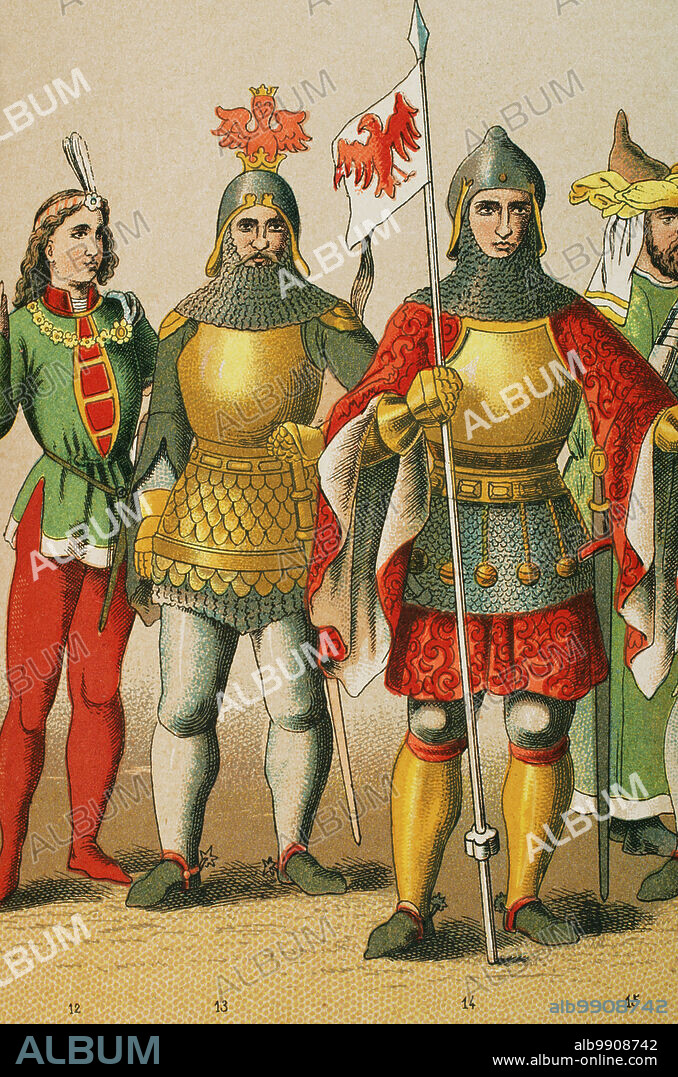 Historia de Alemania. Edad Media. 1400-1450. De izquierda a derecha, 12: noble, 13-14: caballeros, 15: noble. Cromolitografía. "Historia Universal", por César Cantú. Tomo VII, 1881.