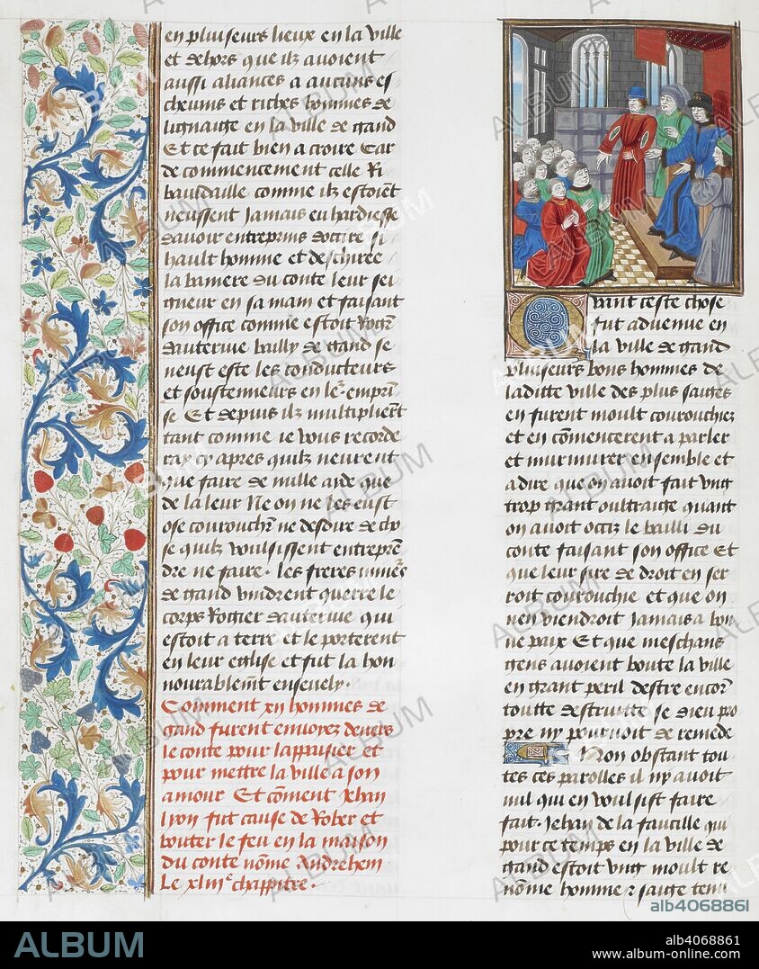 The Count of Flanders receiving twelve men of Ghent.  . Jean Froissart, Chroniques , vol. 2. (Froissart's Chronicles). Netherlands, S. Last quarter of the 15th century, before 1483. Source: Royal 18 E. I f.81v.