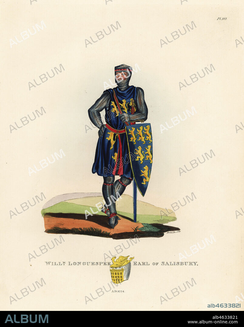 William Longuespee, Long Sword, Third Earl of Salisbury, 1176-1224. In chainmail hood that covers the mouth, hauberk, chausses, spurs. He wears an armorial tunic and coat of arms of six lions rampant on his shield. Handcoloured lithograph by Maddocks after an illustration by S.R. Meyrick from Sir Samuel Rush Meyrick's A Critical Inquiry into Antient Armour, John Dowding, London, 1842.