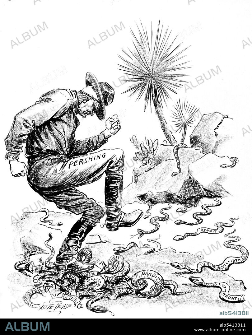 Cartoon shows General Pershing stamping out a nest of rattlesnakes (labelled Villista, Bandit, and Cutthroat). The Pancho Villa Expedition was a military operation conducted by the US Army against the forces of Mexican revolutionary Pancho Villa from March 1916, February 1917, during the Mexican Revolution of 1910-20. The expedition was launched in retaliation for Villa's attack on the town of Columbus, New Mexico. Black Jack Pershing assembled an expeditionary force consisting primarily of cavalry and horse artillery. The objective of the expedition was the capture of Villa. Despite successfully locating and defeating the main body of Villa's command, responsible for the raid on Columbus, US forces were unable to achieve Wilson's stated main objective. The active search for Villa ended after a month in the field when troops sent by Venustiano Carranza, the head of the Constitutionalist faction of the revolution resisted the US incursion. Lute Pease, 1916.