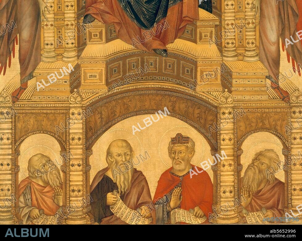 Cimabue, eigentl. Cenni di Pepo nachweisbar zwischen 1272 und 1302. "Maestà" (Thronende Madonna mit Kind), 1272-74. Ausschnitt: Vier Propheten in der Sockelzone. Auf Holz, 385 × 225 cm. Ehemals Hochaltar der Kirche S.Trinità in Florenz. Inv. Nr. 8343. Florenz, Galleria degli Uffizi.