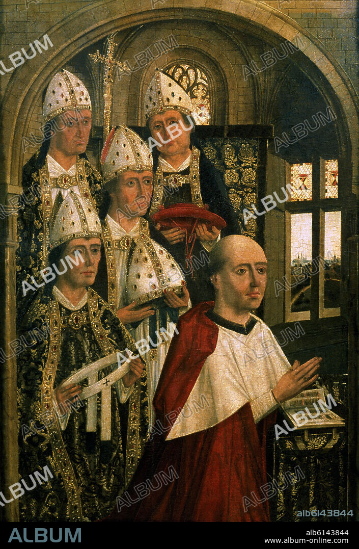 MAESTRO DE LOS LUNA. PEDRO GONZALEZ DE MENDOZA JUNTO A LOS PRELADOS QUE ASISTIERON A SU CONSAGRACION - 1484 - FOTO AÑOS 70.