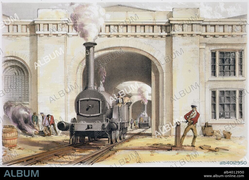 Entrance to the locomotive engine house, Camden Town, London, 1839. Scene during the construction of the London & Birmingham Railway. Under the guidance of chief engineer Robert Stephenson, the 112 mile line running from Curzon Street station in Birmingham to Euston station in London, took 20,000 men almost five years to complete. The railway was finally completed on 17th September 1838, becoming the first railway into London.