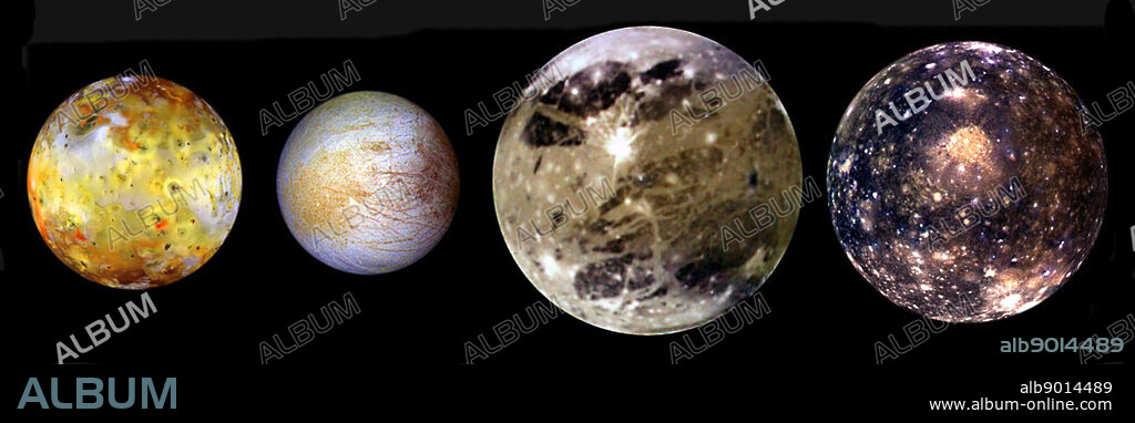 four moons of Jupiter are shown to scale. These four largest moons of Jupiter shown in increasing distance from Jupiter are (left to right) Io, Europa, Ganymede, and Callisto. These global views show the side of volcanically active Io which always faces away from Jupiter, icy Europa, the Jupiter-facing side of Ganymede, and heavily cratered Callisto. Io, which is slightly larger than Earth's moon, is the most colourful of the Galilean satellites. Its surface is covered by deposits from actively erupting volcanoes, hundreds of lava flows, and volcanic vents which are visible as small dark spots. Calisto's dark surface is pocked by numerous bright impact craters.