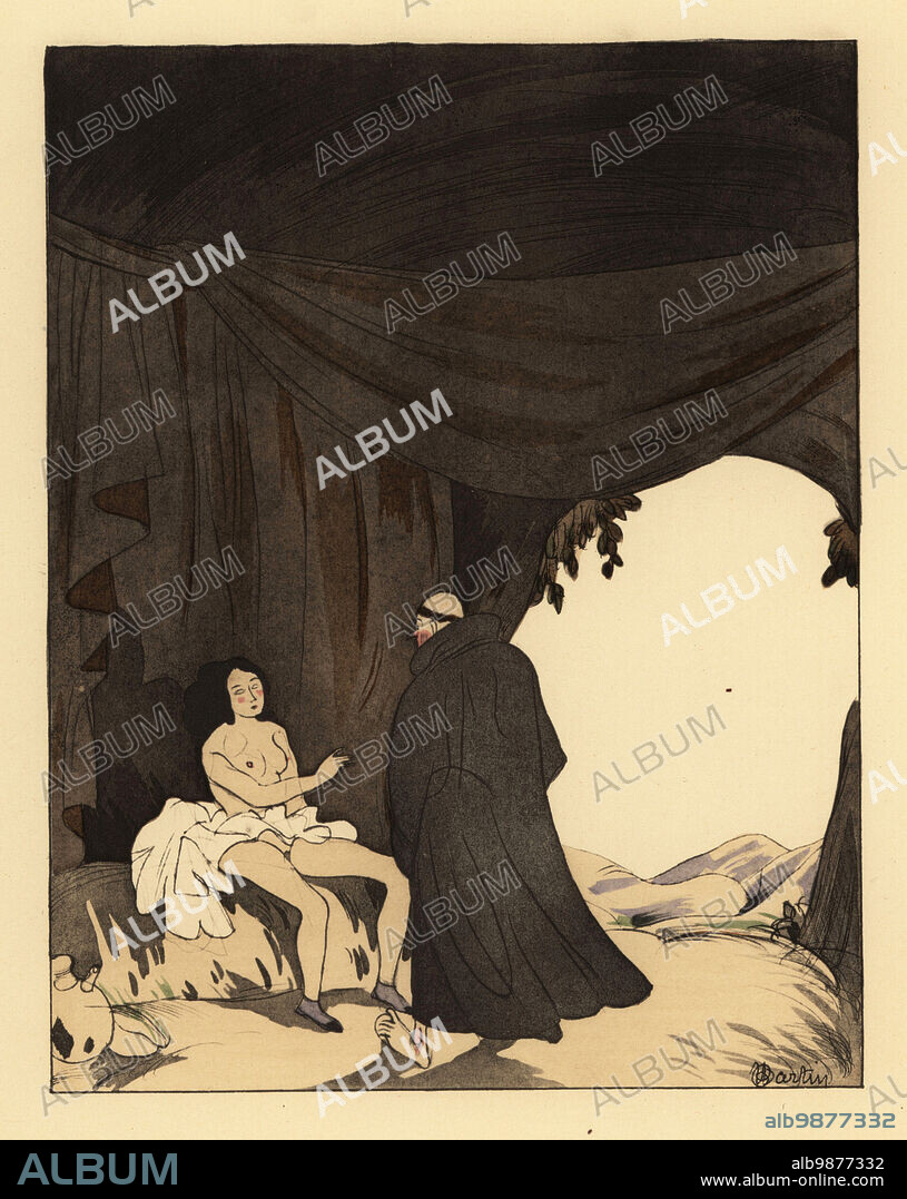 Half-naked woman with a monk in a cave. Young Rustick with the beauty Alibech in a hermits cave. The devil in hell. Le diable en enfer. Lithograph handcoloured in pochoir (stencil) after an illustration by Charles Martin from Jean de la Fontaines Contes et Nouvelles en Vers, Tales and Novellas in Verse, Libraire de France, Paris, 1930.