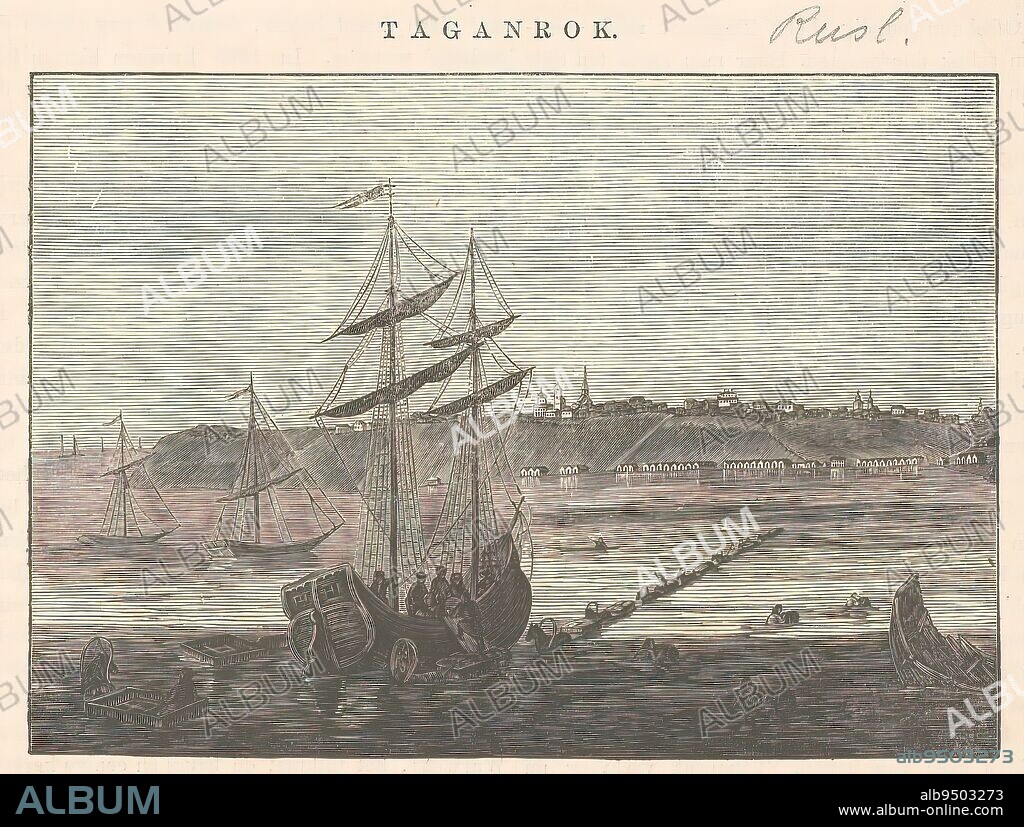 View of a ship off the coast of Taganrog, Taganrok (title on object), With Dutch text on verso., print maker: anonymous, publisher: J.H. Laarman, Amsterdam, 1847, paper, letterpress printing, height 109 mm × width 143 mm.