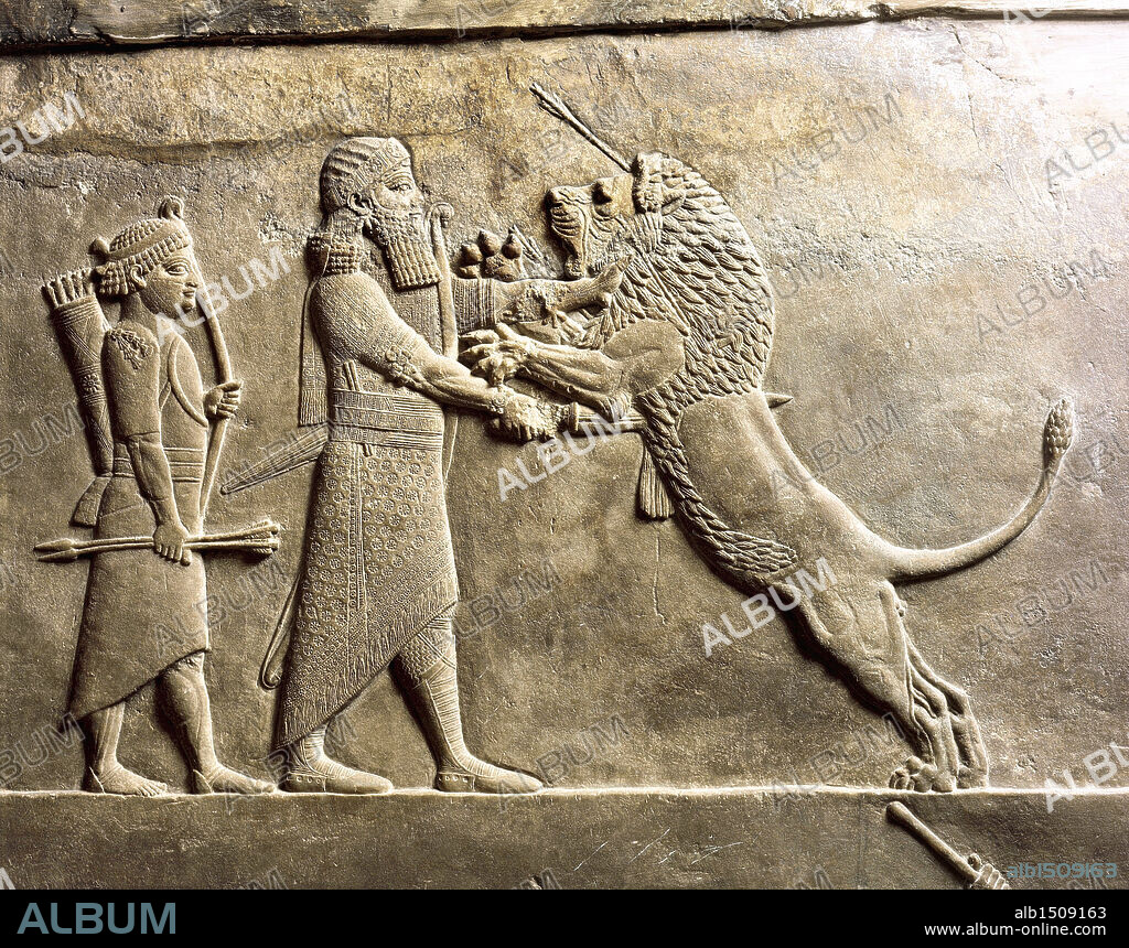 Assyrian civilization, 8th century b.C. Relief with a scene of lion hunt. Detail.