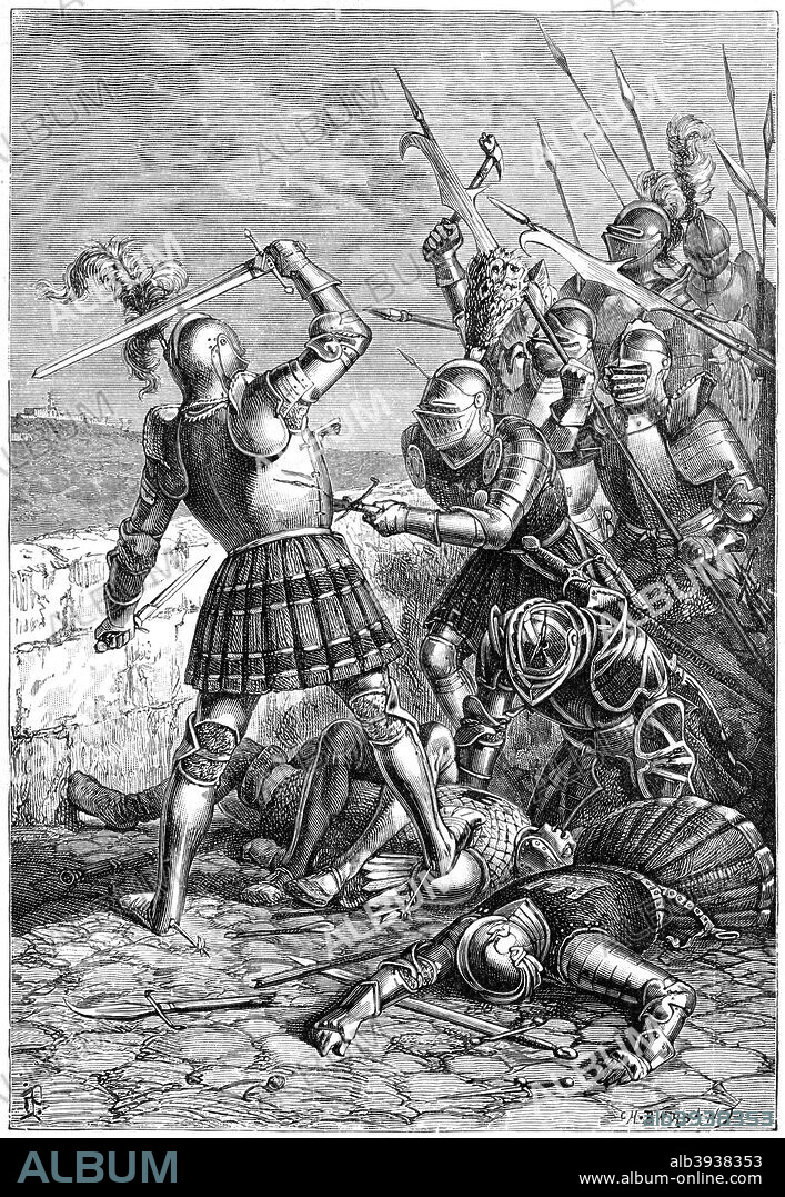 Pierre du Terrail defending the bridge at Garigliano, Italy, 1898. A print from Les Français Illustres, by Gustave Demoulin, Hachette, Paris, 1898.