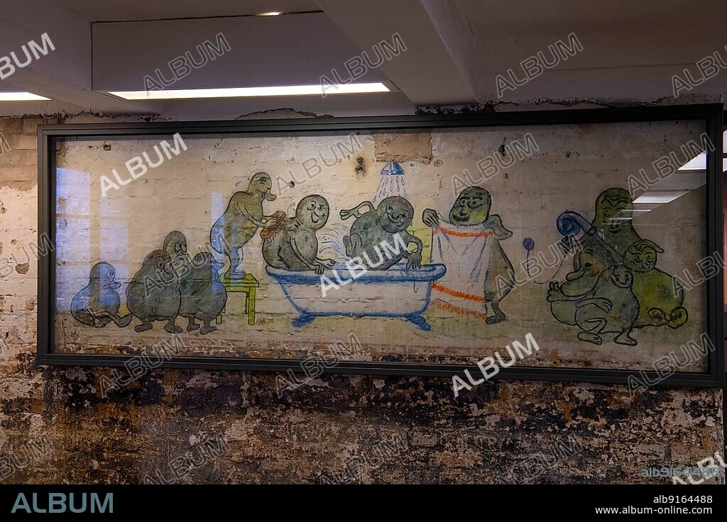 Mural of prisoners in the former potato peeling cellar of the camp kitchen, memorial site, concentration camp, Sachsenhausen, Oranienburg near Berlin, Germany, Europe.