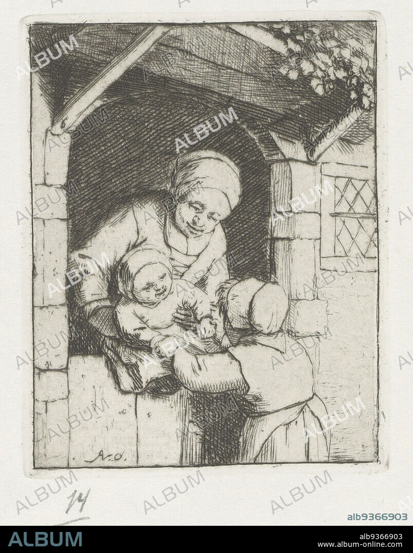 Mother with two children, The print is part of a portfolio and is printed with another print on one album page., print maker: Adriaen van Ostade (mentioned on object), Adriaen van Ostade, Haarlem, 1671 - 1679 and/or 1941, paper, etching, height 89 mm × width 70 mm.