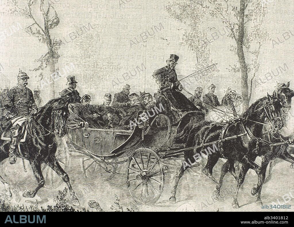 Guerra Franco-Prusiana (1870-1871). Napoleón III hecho prisionero por el ejército prusiano tras la Batalla de Sedán (1 a 3 de septiembre de 1870). Grabado del siglo XIX.