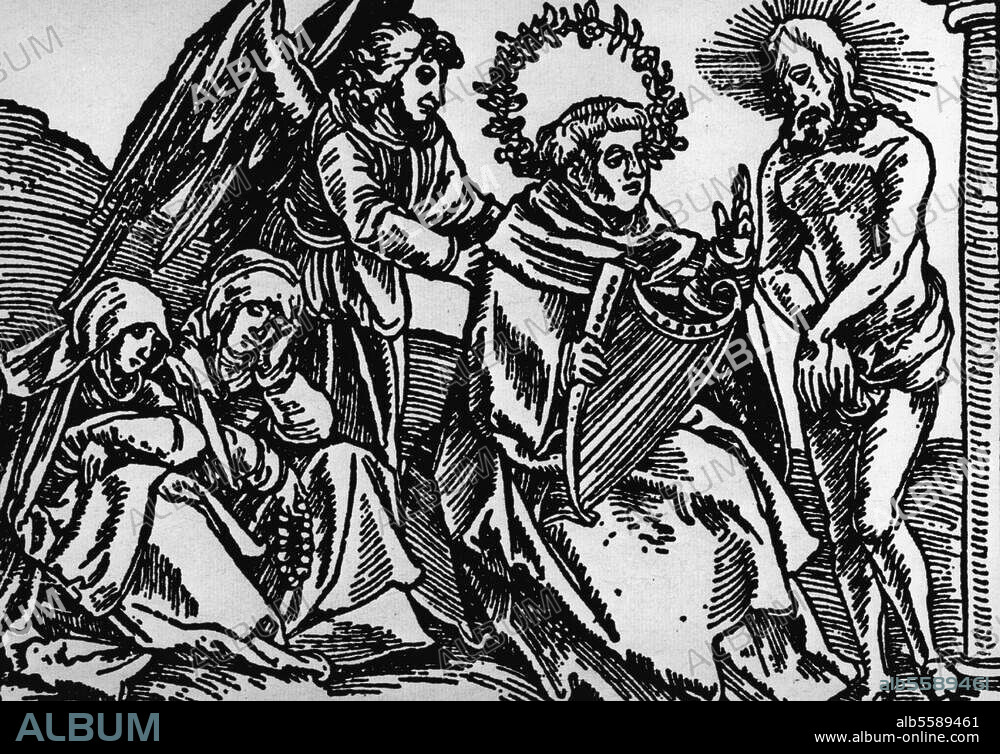 ANONYM. Seuse, lat. Suso, Heinrich Mystiker, 1295 (?) - 1366. "Seuse mit dem Psalterium". Holzschnitt aus einer Ausgabe der. "Deutschen Schriften" von Seuse, Augsburg 1512.