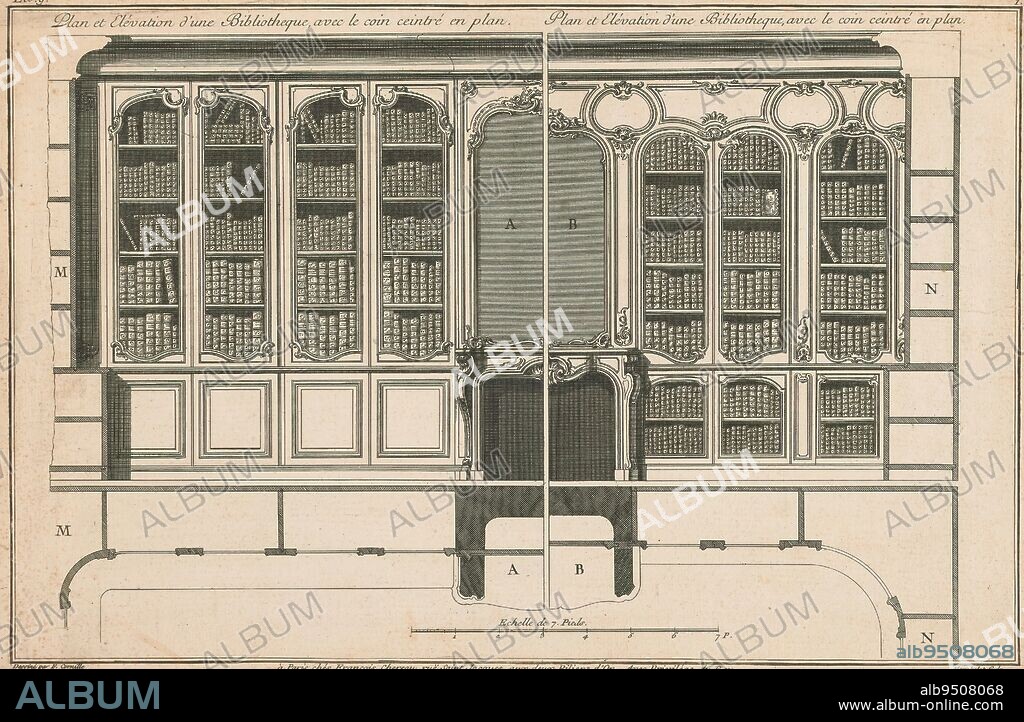 Design and ground plan of a library with a mantelpiece, Plan et elévation d'une bibliotheque, avec le coin ceintré en plan (title on object), Top left numbered: Liv. 9. Numbered top right: 1., print maker: Monchelet, (mentioned on object), after drawing by: François Cornille, (mentioned on object), publisher: François Chéreau, (mentioned on object), Paris, c. 1740 - c. 1765, paper, etching, height 247 mm × width 378 mm.