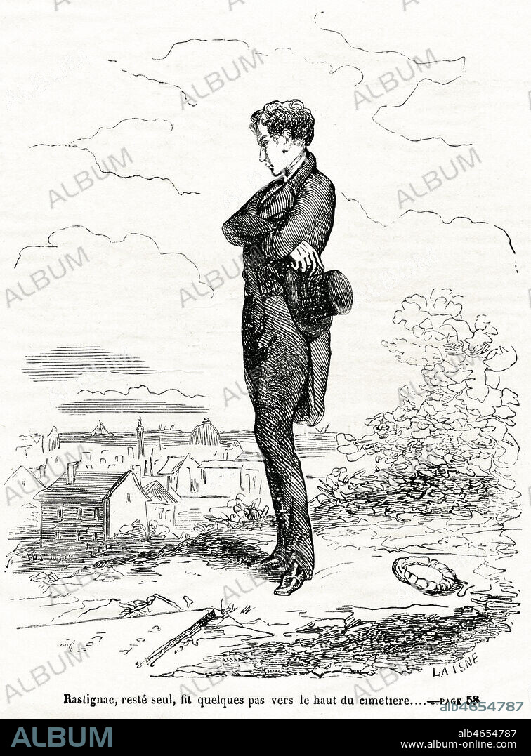 Rastignac, reste seul, fit quelques pas vers le haut du cimetiere. Gravure de 1867 tiree de Le Pere Goriot d'Honore de BALZAC (1799-1850). Illustration par LAMPSIONIUS . Credit : Collection KHARBINE-TAPABOR.