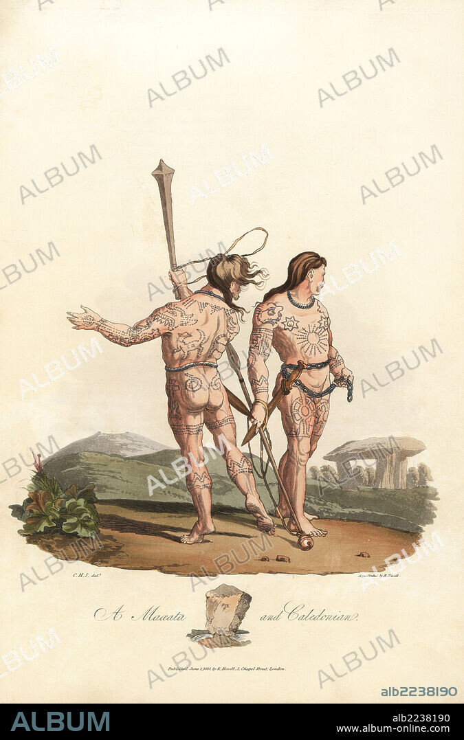 Maaeata and Caledonian men, inhabitants of the plains and forests of North Britain, pre-Roman era. The Catini man on the left carries a cat, a club with four spikes. The Caledonian holds an aseth (spear). Both are covered in blue woad tattoos. Handcoloured aquatint by R. Havell from an illustration by Charles Hamilton Smith from Samuel Meyrick's Costume of the Original Inhabitants of the British Islands, London, 1821.