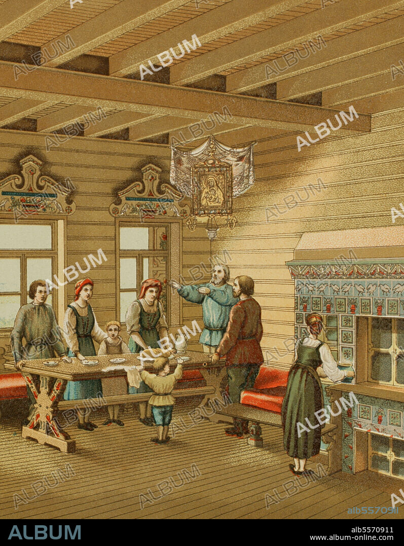 Isba. Tradicional vivienda campesina rusa, construida de madera. Interior de una isba. Cromolitografía. Historia Universal, por César Cantú. Tomo VII. Publicado en Barcelona, 1886.