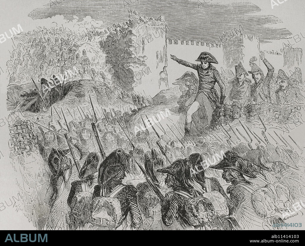 Guerras Napoleónicas. Campaña de Egipto y Siria (1798-1801). Asedio de Acre (20 de marzo al 21 de mayo de 1799). El ejército de Napoleón fracasó en el intento de tomar la fortaleza otomana, siendo derrotado y viéndose obligado a retirarse a Egipto. Último asalto de San Juan de Acre. Grabado por Lavoignat. "Historia de la Revolución Francesa". Tomo I, parte segunda. 1879.