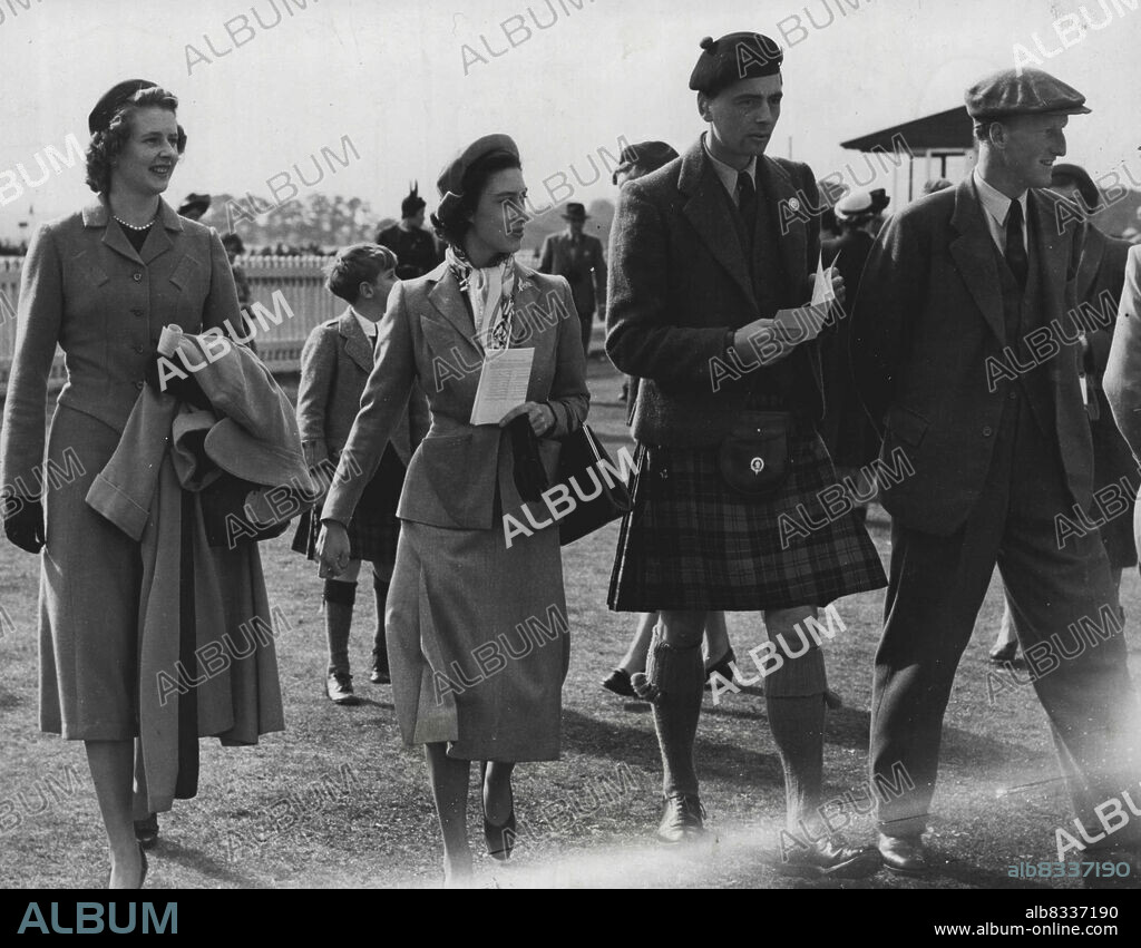Two escorts for Princess ***** At Scottish Race Meeting With Princess Margaret at the Hunt races in Scotland yesterday were kilted Lord Ogilvy. son and ***** of the Earl of Airlie, and (wearing cap) the Earl of Dalkeith, heir to the Duke of Buccleuch. The Princess wore a dusty-pink lightweight suit and a silk hand-painted scarf. September 20, 1950. (Photo by Paul Popper Ltd).
