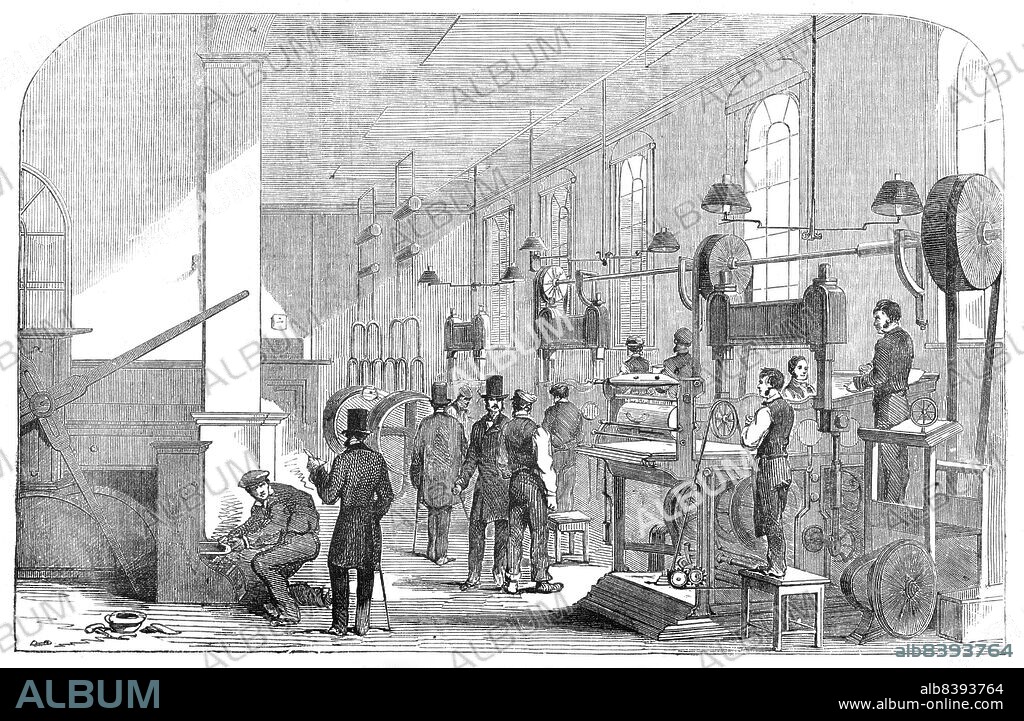 The Bank-Note Printing-Room, at the Bank of England [in London], 1854. 'The quality and the water-mark of the...paper have in the new Note (now on the point of being issued to the public) been brought to a high degree of excellence. The moulds from which the paper is made are executed by Mr. Brewer, who, with Mr. Smith, patented a very valuable invention, which was rewarded by a medal at the Great Exhibition of 1851..."the Bank of England accepts no security which may not be possessed by any one who will make himself acquainted with the following characteristics of the paper and printing." The paper is distinguished by - 1. Its colour. 2. Its thinness and transparency. 3. Its characteristic feel. 4. Its watermark. 5. Its three duple (or natural) edges and one cut (or artificial) edge. 6. Its strength. No observant person can fail to notice the great diminution of forgeries within the last few years...'. From "Illustrated London News", 1854.