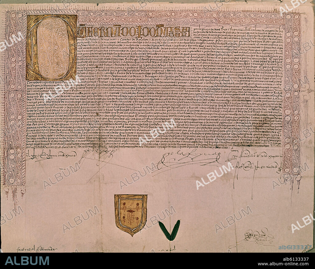 PRIVILEGIO OTORGADO POR LOS REYES CATOLICOS AL CONDE DE BENAVENTE DON RODRIGO PIMENTEL AUTORIZANDOLE A FUNDAR UN MAYORAZGO - 1488.