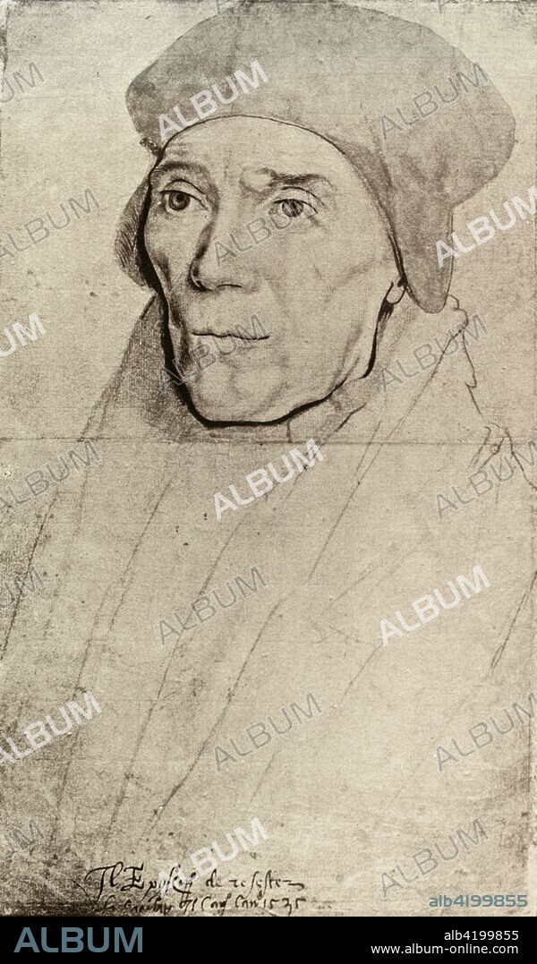 'Bishop Fisher', (1909). Saint John Fisher, English Catholic bishop, cardinal and martyr (1469-1535), protested against King Henry VIII's intention to divorce Catherine of Aragon, and was imprisoned in the Tower of London. In May 1535,  he was accused of the treasonous act of refusing to accept Henry as head of the church, and was beheaded on June 25. Fisher was canonised in 1935. 'From the drawing by Holbein belonging to the King at Windsor Castle'. Illustration from Historical Portraits . [The Clarendon Press, Oxford, 1909].