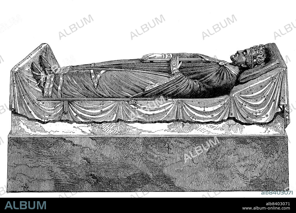 Tomb of Richard the Lionheart, 8 September 1157, 6 April 1199, Richard I King of England, in Fontevraud Abbey, Abbaye royale Notre-Dame de Fontevraud, 1869, France, Historic, digitally restored reproduction of a 19th century original, exact original date unknown