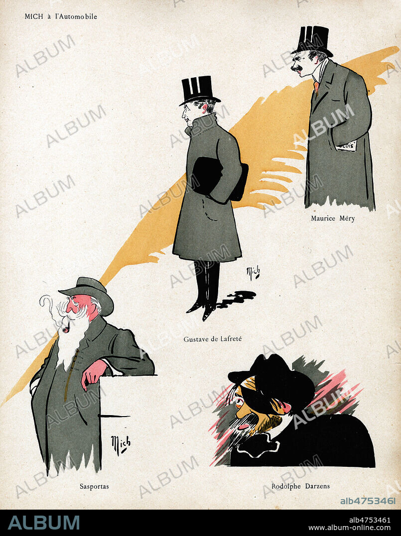 'Maurice MERY, Gustave de LAFRETE, SASPORTAS, Rodolphe DARZENS'. Illustration par MICH (1881-1923) tiree de son album 'A l'automobile !!', publie en 1907. Credit : Collection IM/KHARBINE-TAPABOR.