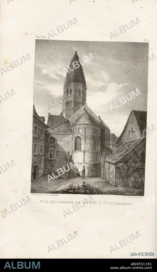 View of the church of Ste. Faith in Schlestadt, Church Ste., Foi, Bas Rhin, Signed: Lemaitre d'après (...) Bichebois, Lith. De G. Engelmann, Pl. 4, after p. 14 (part 2), Lemaitre; Bichebois, Alphonse; Engelmann, Godefroy (lith.), 1828, De Golbéry, J. G. Schweighäuser: Antiquités de l'Alsace ou châteaux, églises et autres monumens des départemens du Haut- et du Bas-Rhin. Mulhouse [etc.]: Engelmann, 1828.